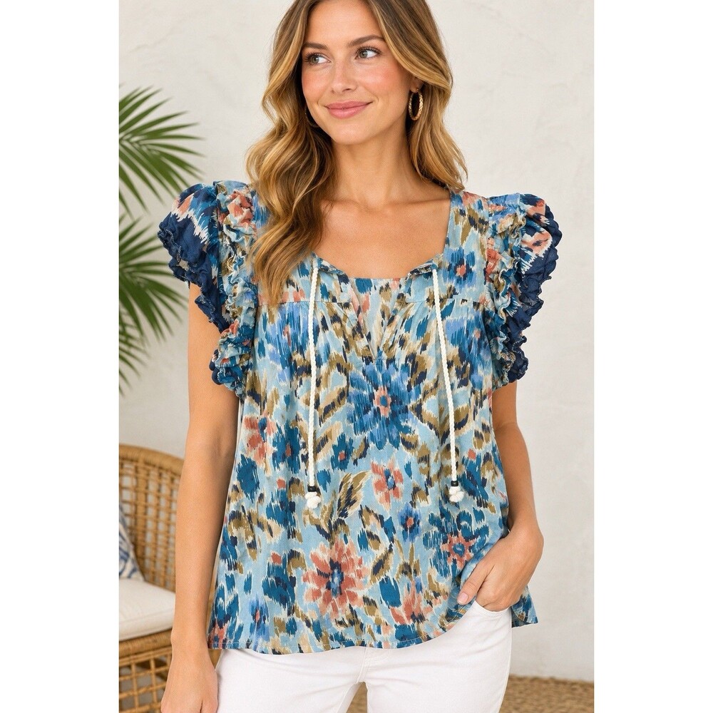 House of Harlow 1960 Women's Zoey Blue Floral Print Ruffle Sleeve Top M
